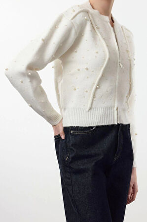 Stil Kadın Regular Standart Kol Bomber Yaka Yumuşak Fermuarlı Taşlı Ceket Görünümlü Triko Hırka