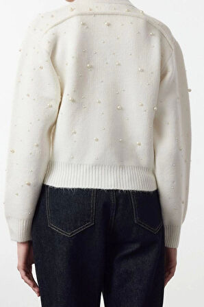 Stil Kadın Regular Standart Kol Bomber Yaka Yumuşak Fermuarlı Taşlı Ceket Görünümlü Triko Hırka