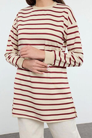 Tesettür Tarz Oversize Bisiklet Yaka Düşük Kol Regular Taş Çizgili Örme Tunik Sweatshirt