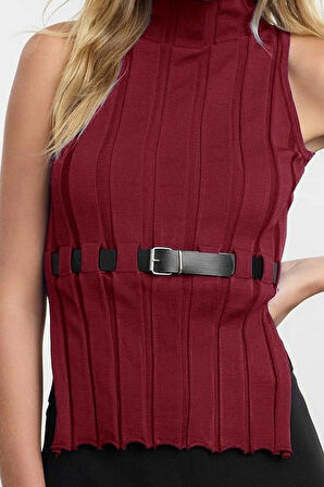 Stil Modern Kadın Regular Standart Kol Dik Yaka Kemerli Triko Süveter