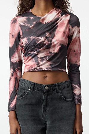 Stil Kadın Soyut Desenli Büzgü Drape Detaylı Bluz Crop Örme Slim Kalıp