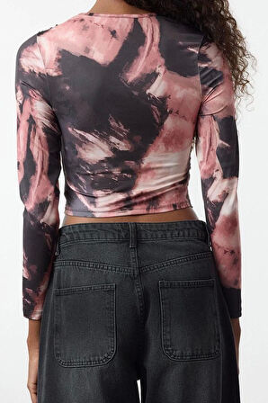 Stil Kadın Soyut Desenli Büzgü Drape Detaylı Bluz Crop Örme Slim Kalıp
