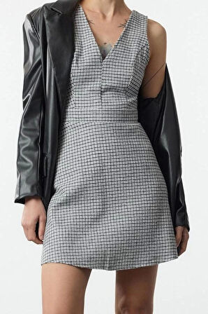 Moda Stil Regular V Yaka Mini Boy Ekose Kareli Dokuma Elbise