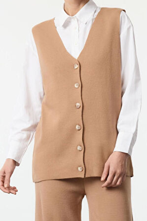 Tarz Kadın Modern Moda Normal Bel Boru Paça V Yaka Triko Yelek Pantolon Alt Üst Takım