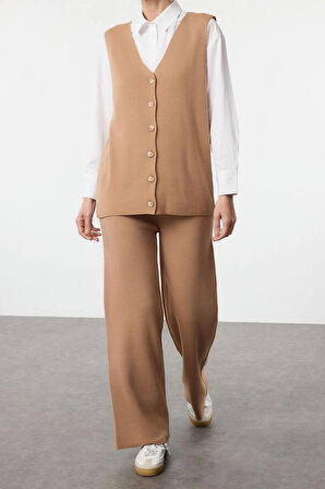 Tarz Kadın Modern Moda Normal Bel Boru Paça V Yaka Triko Yelek Pantolon Alt Üst Takım