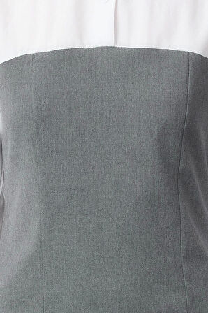 Moda Stil Slim Gömlek Yaka Mini Boy Düz Bodycone Straplez Detaylı Dokuma Gömlek Elbise