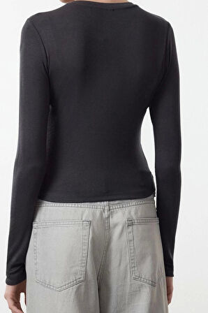 Stil Kadın Viskon Esnek Bluz Crop Örme Slim Kalıp