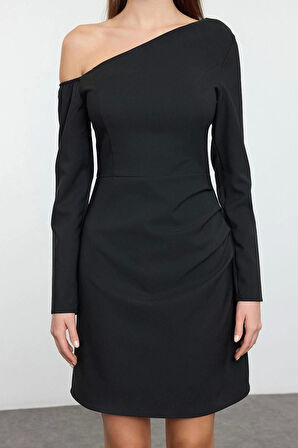 Moda Stil Regular Asimetrik Yaka Mini Boy Dokuma Elbise