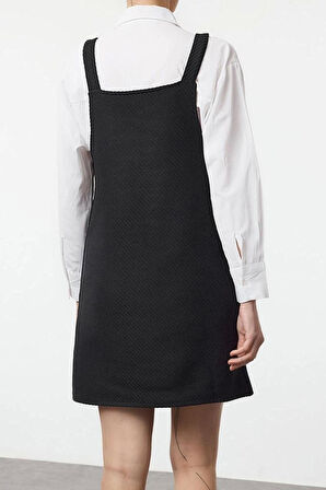 Moda Stil Regular Kare Yaka Mini Boy Balıksırtı Jile Dokuma Elbise