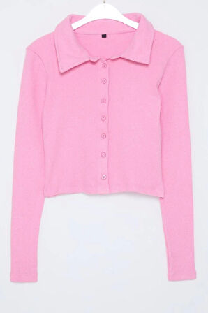 Stil Kadın Düğme Detaylı Vücuda Oturan Polo Yaka Fitilli Esnek Bluz Crop Örme Slim Kalıp