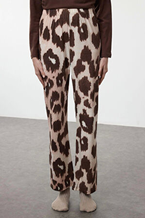 Tarz Rahat Uzun Kollu Geniş Paça %100 Pamuklu Leopar Desenli Örme Pijama Takımı