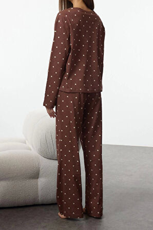 Tarz Rahat Uzun Kollu Boru Paça %100 Pamuklu Puantiye ve Kalp Desenli Örme Pijama Takımı