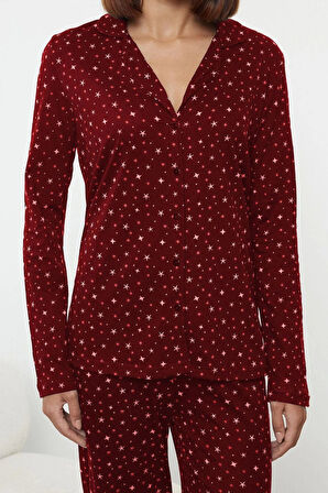Tarz Rahat Uzun Kollu Geniş Paça %100 Pamuklu Galaksi Desenli Örme Pijama Takımı