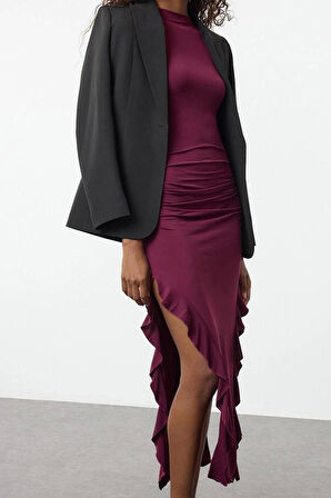 Moda Stil Slim Bisiklet Yaka Maxi Boy Bodycone Sıfır Kol Yırtmaçlı Fırfır Detaylı Esnek Kalem Elbise