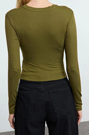 Stil Kadın Kruvaze Büzgü Drape Detaylı Vücuda Oturan Bluz Regular Örme Slim Kalıp Düşük Kol