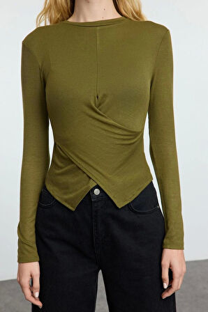 Stil Kadın Kruvaze Büzgü Drape Detaylı Vücuda Oturan Bluz Regular Örme Slim Kalıp Düşük Kol