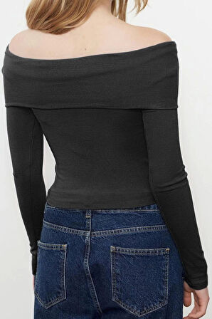 Stil Kadın Kısa Esnek Bluz Crop Örme Slim Kalıp