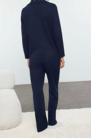 Tarz Rahat Uzun Kollu Boru Paça Kurdele Fiyonklu Waffle Kumaş Örme Pijama Takımı