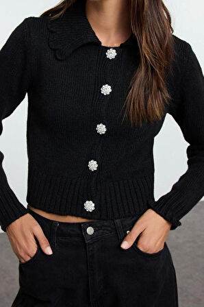 Stil Modern Kadın Crop Standart Kol Polo Yaka Yumuşak Dokulu Mücevher Düğmeli Triko Hırka