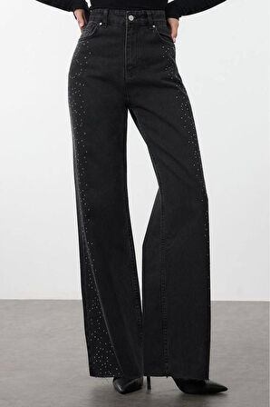 Stil Kadın Moda Denim Kot Pantolon Uzun Geniş Paça Taşlı Yüksek Bel Jeans