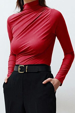 Stil Kadın Büzgülü Kare Yaka Vücuda Oturan Esnek Bluz Crop Örme Slim Kalıp