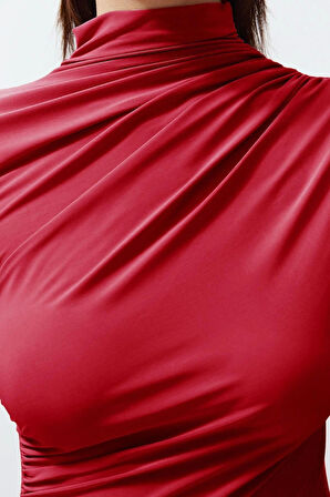 Stil Kadın Büzgülü Kare Yaka Vücuda Oturan Esnek Bluz Crop Örme Slim Kalıp