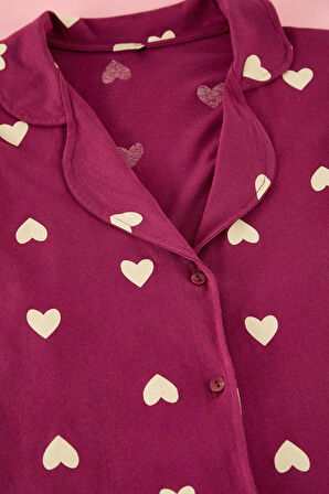 Tarz Rahat Büyük Beden Uzun Kollu Geniş Paça Kalpli Örme Pijama Takımı