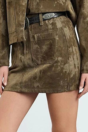 Modern Tarz Astarsız Denim Mini Boy Süet Görünümlü Normal Bel Mini Denim Etek