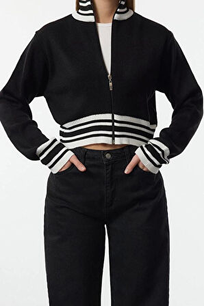 Stil Modern Kadın Crop Standart Kol Dik Yaka Renk Bloklu Triko Hırka