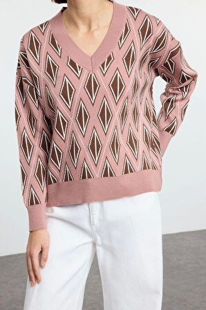 Stil Modern Kadın Regular Düşük Kol V Yaka Geometrik Desenli Triko Kazak