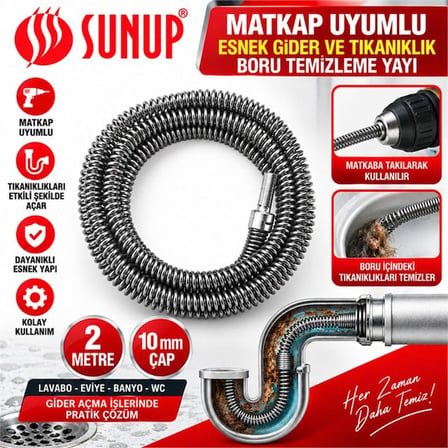 SN-38808 2 Metre 10 Mm Matkap Uyumlu Esnek Gider Tıkanıklık Boru Temizleme Yayı