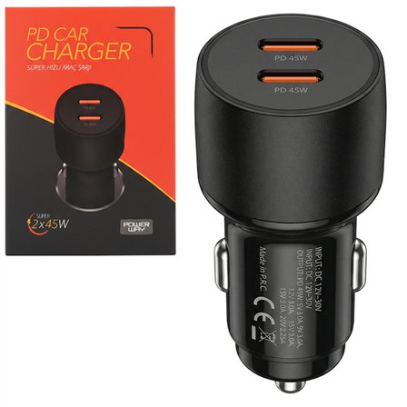 Powerway CC45 PD 2x45W Çift Type-C Çıkışlı Ultra Hızlı Araç Şarjı