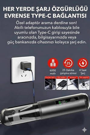 Araç Süpürgesi Şarjlı 120w 20.000pa Göstergeli Yeni Nesil Metal Filtre Extra Vakum Ve Üfleme