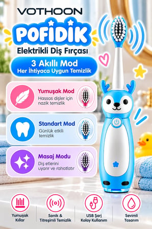 Pofidik Çocuklar İçin Şarjlı Elektrikli Diş Fırçası 3 Modlu Titreşimli Şarjlı Yedek Başlık Hediyeli Mavi