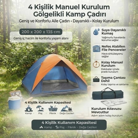 4 Kişilik Manuel Kurulum Gölgelikli Kamp Çadırı – Aile, Doğa, Piknik ve Outdoor 200x200x135 cm