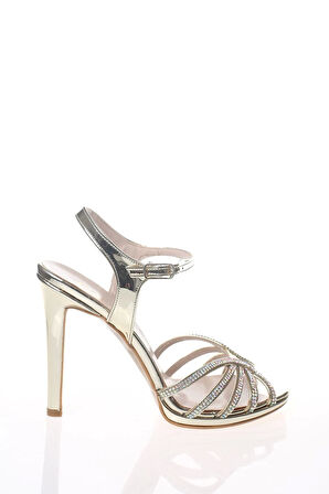 Kadın Gold Ayna Beş Taş Abiye Ayakkabı Kadın Topuklu Şık Gece Ayakkabısı Zarif Tasarım