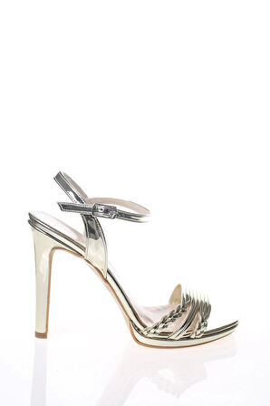 Kadın Gold Ayna Çift Örgülü Tek Bant Abiye Ayakkabı Kadın Topuklu Şık Gece Ayakkabısı