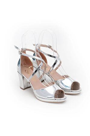 Gümüş Ayna Kadın Topuklu Ayakkabı Abiye Ayakkabı Şık Gece Ayakkabısı Zarif Tasarım