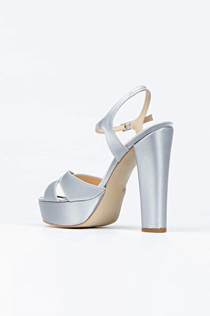 Gümüş Saten Klasik Ayakkabı Kalın Topuklu Kadın Abiye Ayakkabı Kadın Topuklu Şık Gece Ayakkabısı