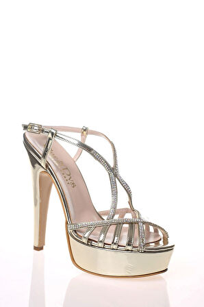 Kadın Gold Ayna Dekolte Taşlı Abiye Ayakkabı Kadın Topuklu Şık Gece Ayakkabısı Zarif Tasarım