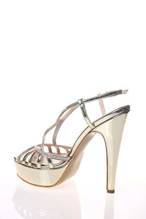 Kadın Gold Ayna Dekolte Taşlı Abiye Ayakkabı Kadın Topuklu Şık Gece Ayakkabısı Zarif Tasarım