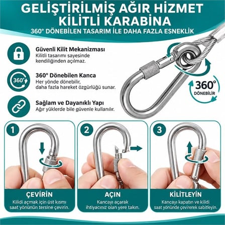 SN-38108 10 Metre Çelik Köpek Bağlama Halatı Kilitli Karabina PVC Kaplamalı