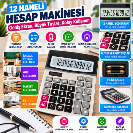 12 Haneli Geniş LCD Ekran, Pilli Büyük Düğmeli Hesap Makinesi (adet fiyatıdır)