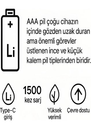 Type-c Şarjlı 800mwh 1.5v Şarj Edilebilir 2’li Aaa İnce Pil - Lityum Iyon Batarya