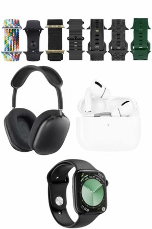 Karler Bass K32 Kombo 7 Adet Kordon Akıllı Saat Airpods Kulaklık Kafa Üstü Kablosuz Kulaklık Set - Siyah
