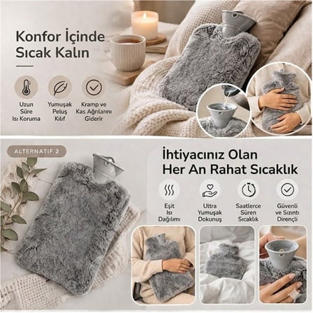 SN-29909 Peluş Kılıflı Yumuşak Dokulu 30 Cm 2000 Ml Kapasiteli Sıcak Su Torbası