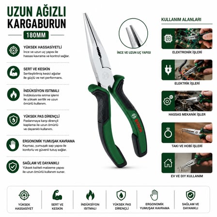 Kargaburun Pense 180 mm Uzun Uçlu Ergonomik Saplı