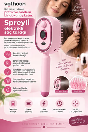 Elektrikli Spreyli Saç Tarağı 300 mAh Type‑C Şarjlı İnce Spreyli Antistatik Bakım Fırçası pembe