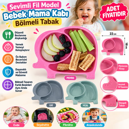 Bebek ve Çocuk için Sevimli Fil Model Desenli Yemek Bebek Mama Kabı Bölmeli Tabak -(adet fiyatıdır) STOKTA OLAN RENK GÖNDERİLİR