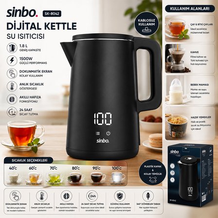 1.8L 1500W Plastik Kapak - Dokunmatik Ekran Dijital Kettle Su Isıtıcısı Kablosuz Kullanım SK-8042